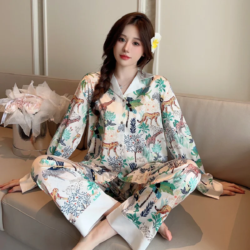 Chinese Style Vintage Silk Soft 2 Piece Pajamas Set Animal Fun Print V-neck Sleepwear Women\'s Long Sleeve Top & Pants Home Suit