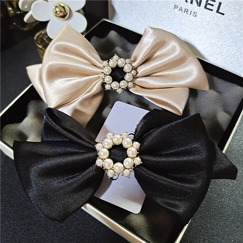 High-quality pearl satin bow hairpin female back head headdress simple temperament small fragrance ponytail hair accessories