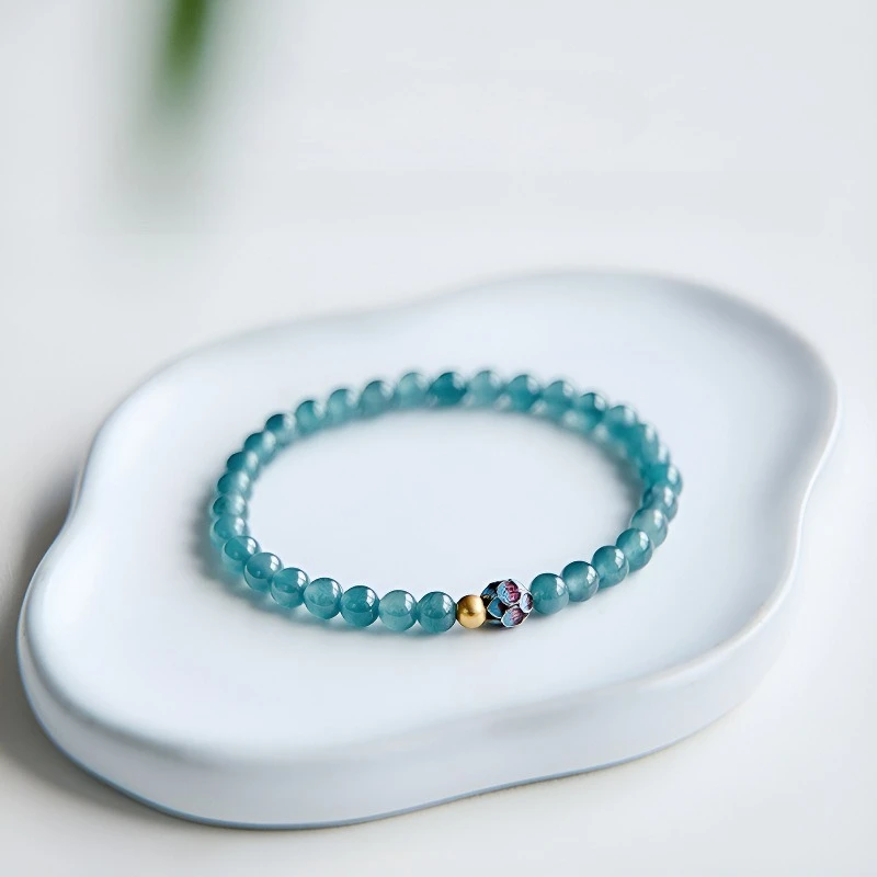 Sweet Jade Bracelet Women's Chinese Style Lotus Blue Water Jade Ancient Method Burned Blue Lotus Lucky Bead Glaze Hand String