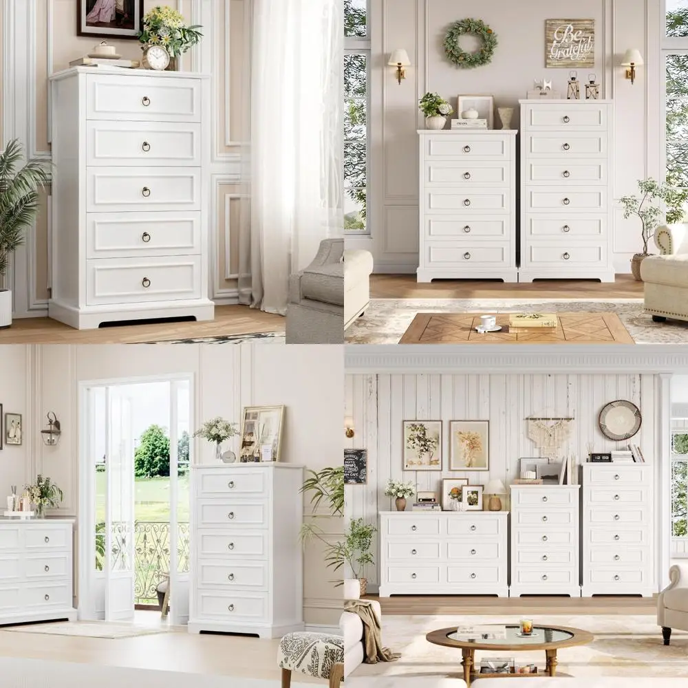 Modern Farmhouse Style 44 Tall White 5-Drawer Chest for Bedroom Storage