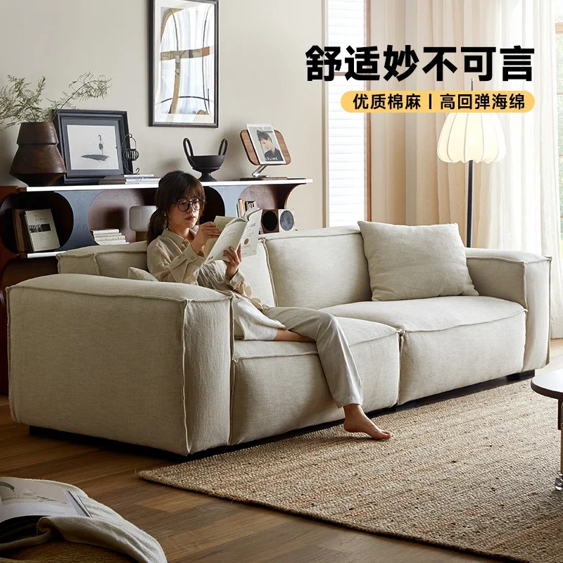 Nordic linen fabric sofa, cream style simple tofu blocks, removable and washable double seat, straight row sofa small apartment