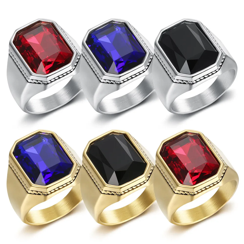 Big Square Gemstones Titanium Stainless Steel Rings for Men 18K Gold Filled Bands Masculine Cool Accessories Drop Shipping Hot