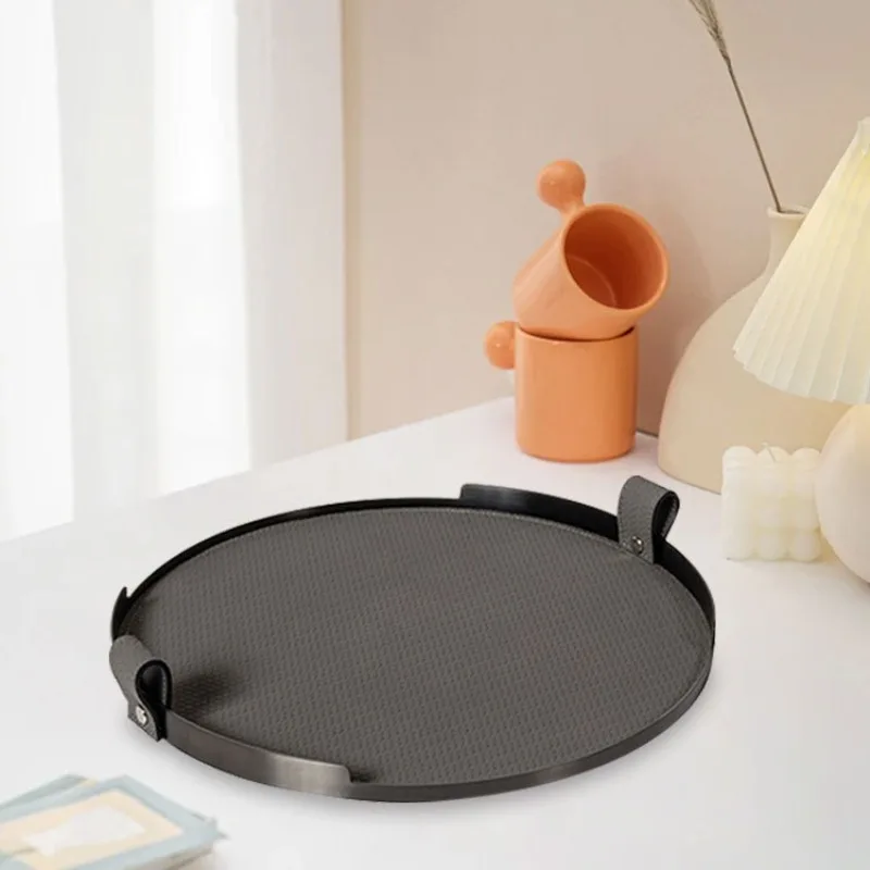 

Round Tray Modern Minimalist Storage Trays Metal Leather Luxury Desktop Trays Dining Room Aesthetic Decorative Accessories