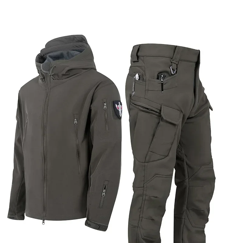 Conjunto de roupa de inverno masculino, Concha macia, Windproof, Impermeável, Montanhismo, Esqui, Caça, Pesca, Lã Quente, Veludo, Tático