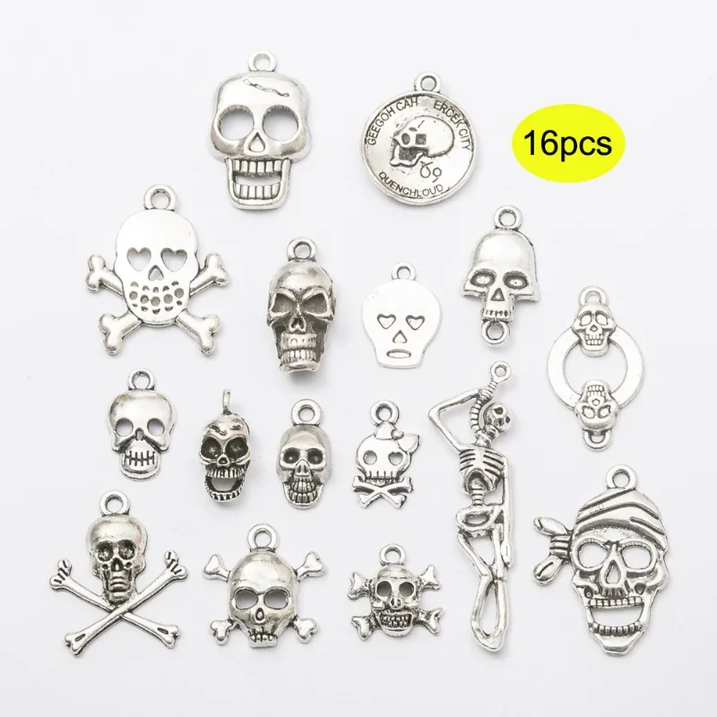 16 PCS Antique Silver Skull Charms Mixed Style Skeleton Head Charms Tibetan Skull Head Charms for Jewelry Making DIY Accessories