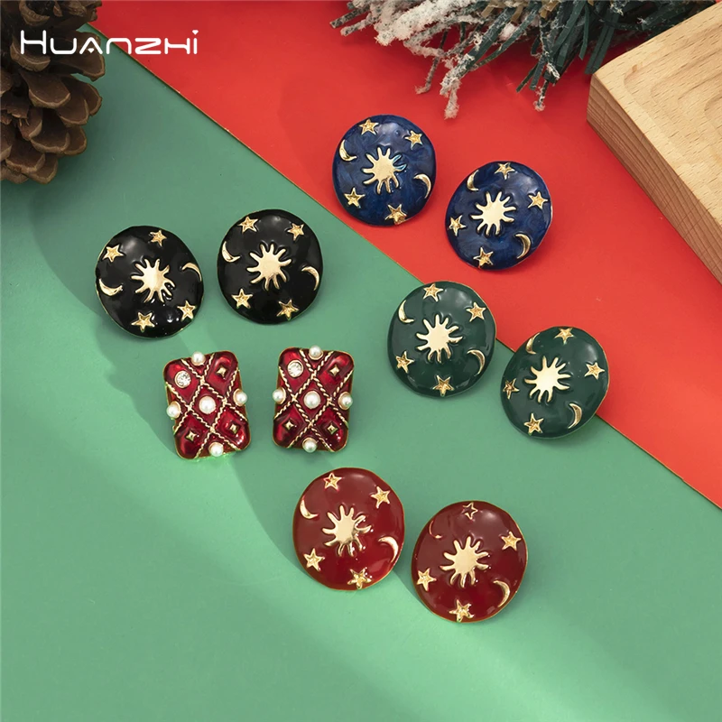 HUANZHI 2023 جديد خمر موضة المينا ستار القمر سحر المعادن الهندسة قرط الاذن المرصع للنساء بنات هدايا مجوهرات الحفلات