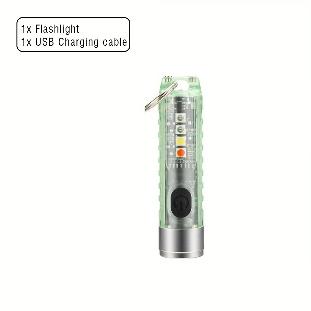 Mini keychain light, portable LED flashlight, USB charging for fishing and camping, waterproof, red and blue warning lights