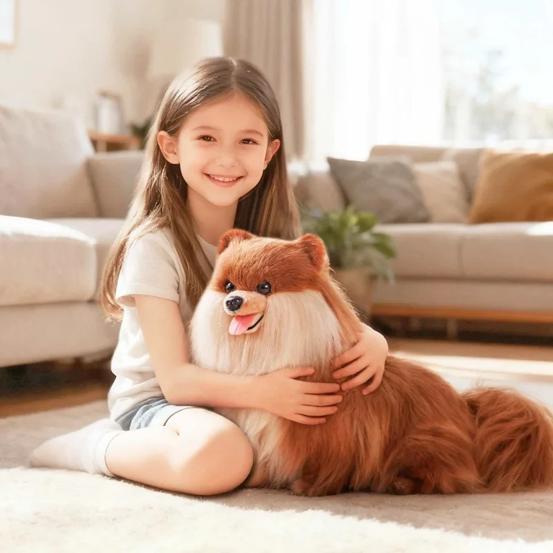 Lifelike Plush Toy Dog Realistic Fluffy Dog Cat Stuffed Animal with Comb Lint Remover Kids Companion Doll Gift Girls Home Decor