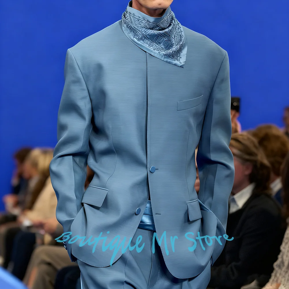 

Blue Round Neck Men's Suits Smart Casual Tailored Single Breasted Blazer+Pants 2Piece Set for Effortlessly Chic Streetwear