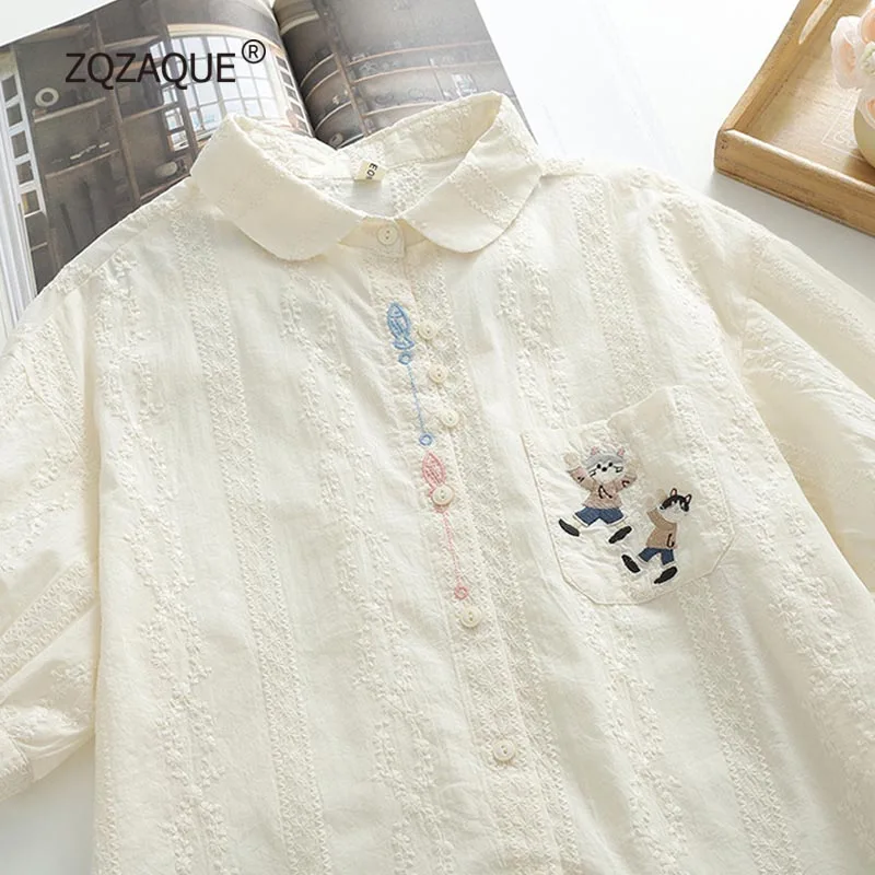 

Japanese Forest Style Women's Sweet Shirt High Qulity Embroidered Pocket Cat Pattern Girls' Short Sleeved Tops Wholesale S152
