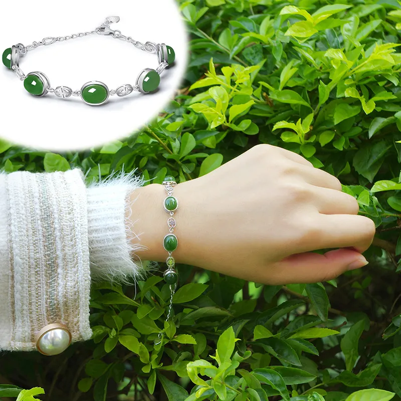 

S925 sterling silver inlaid with natural Hotan Jade jasper bracelet jade bracelet women's high-end emerald jade gift girlfriend