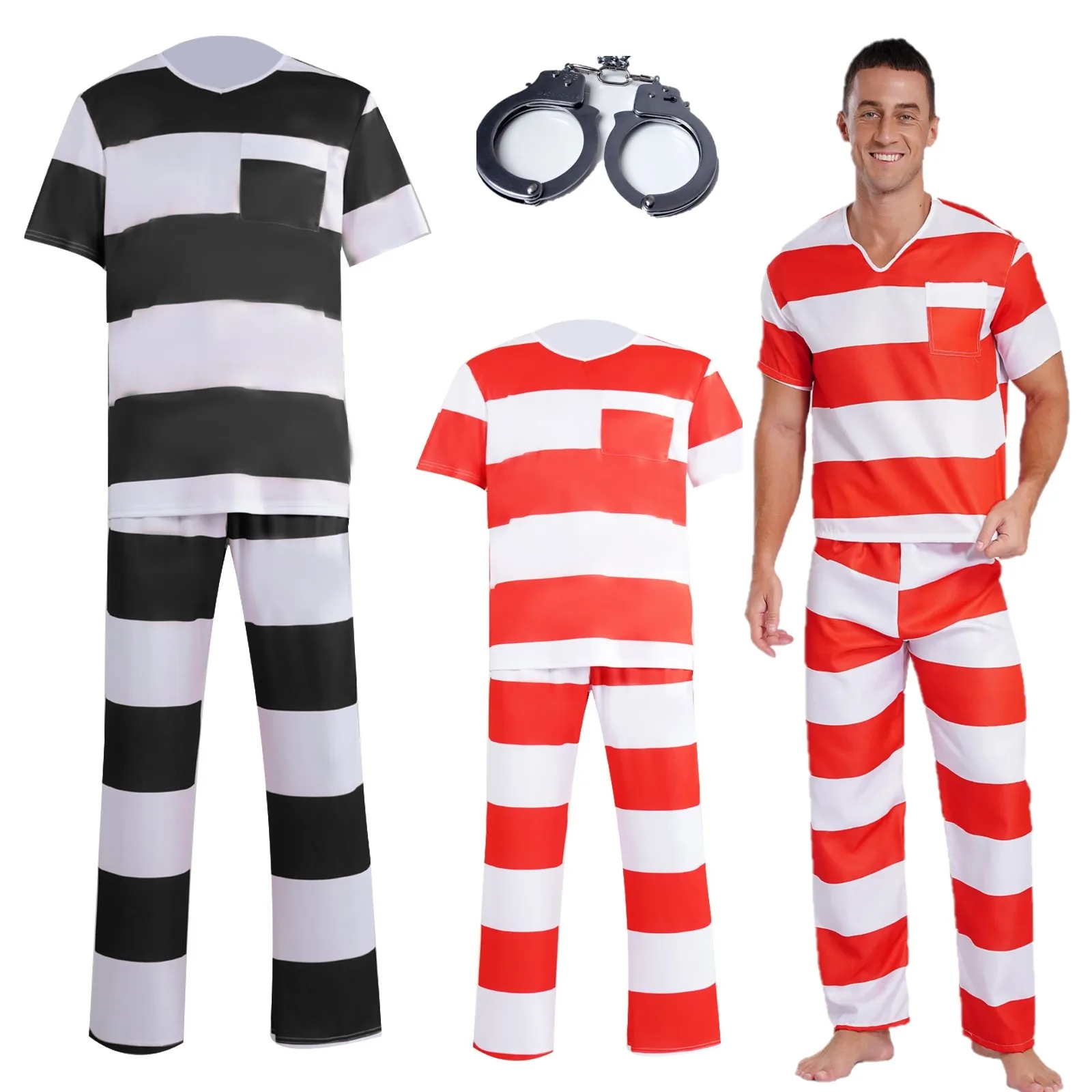 

Mens Prisoner Costume Uniform Halloween Guilty Prisoner Sets handcuffs Striped Top Pants Jail Party Cosplay Costumes for Adult