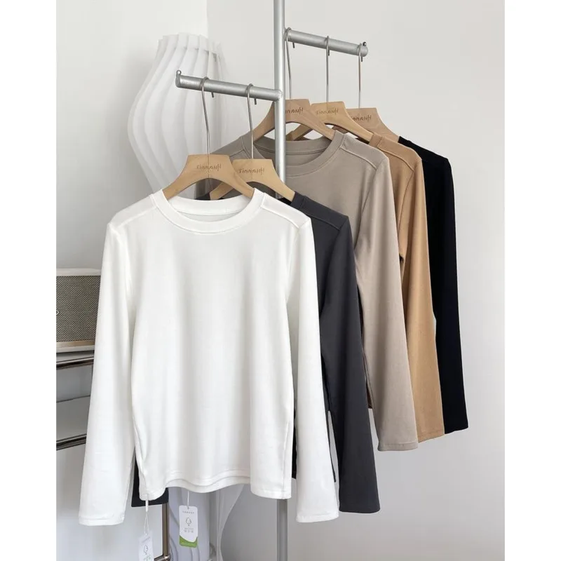 

Autumn Threaded Cotton T-shirt Women High Elasticity Slim Long Sleeve Solid Color Basic Tops