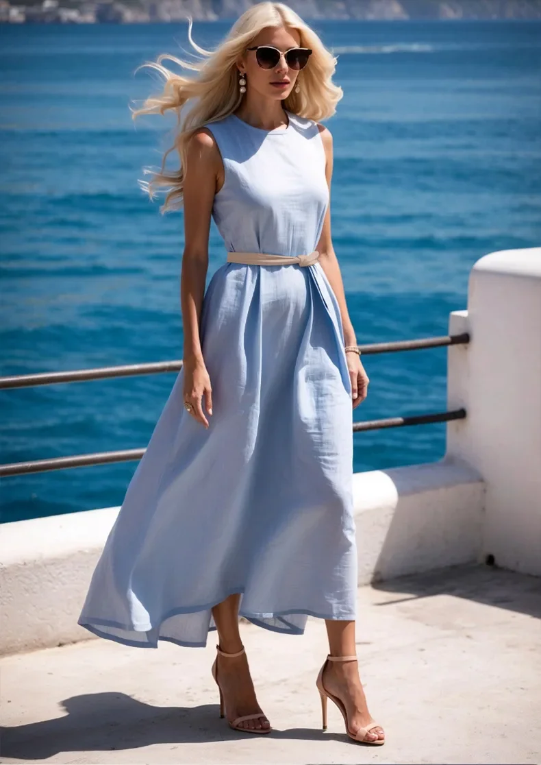 Women’s Fashion Solid Color Lace Up Mid Length Sleeveless Dress Ladies Elegant Slim Fit Solid Color Waist Cinched A-Line Dress