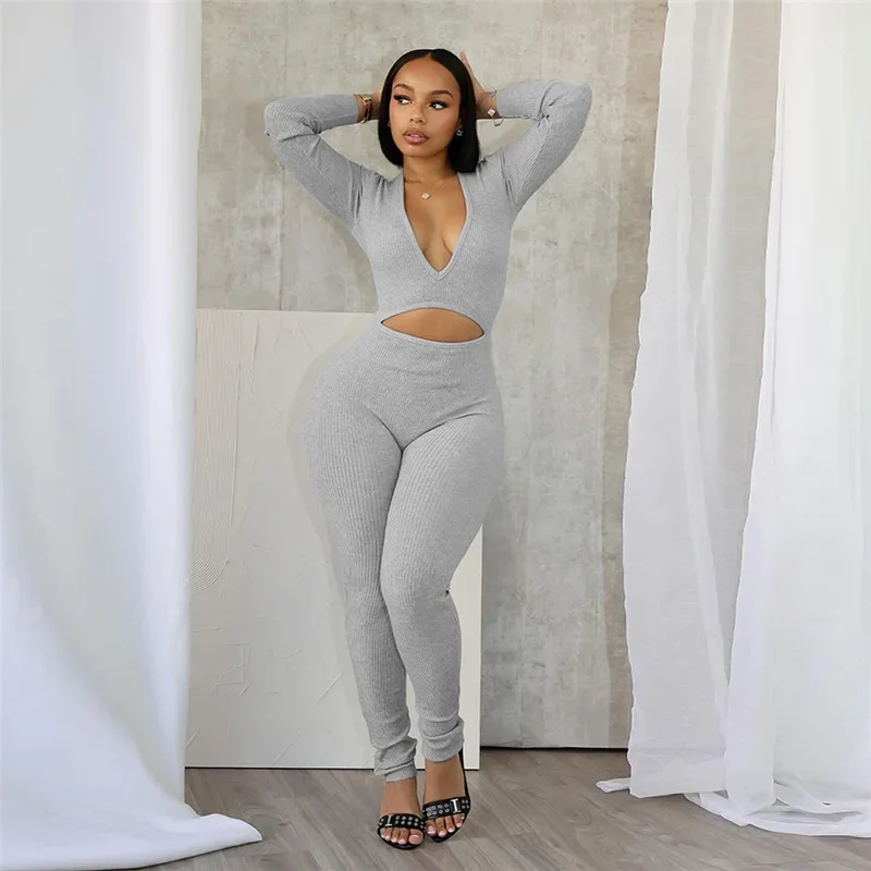 Laxsesu Solid Ribbed Jumpsuit Women Low-Neck Hollow Stretch Full Sleeve Autumn Workout Skinny Sporty Classic Basic Outfits