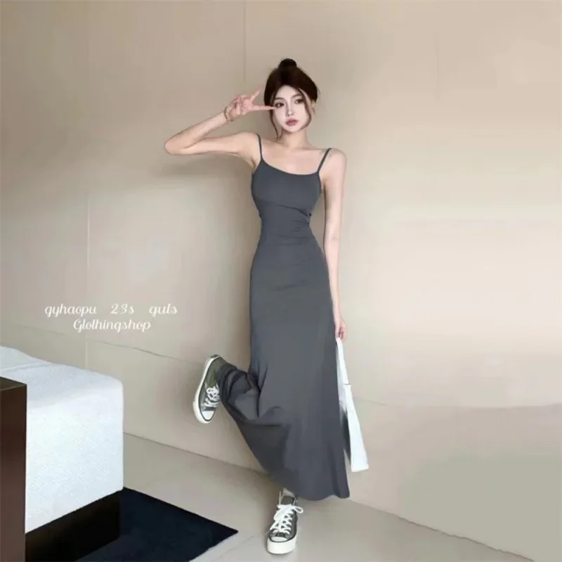 High Waisted Sling Midi Dress for Women 2024 Korean Fashion Spring New Collection Waist Off Shoulder Long Dress Y2k 원피스 Платье