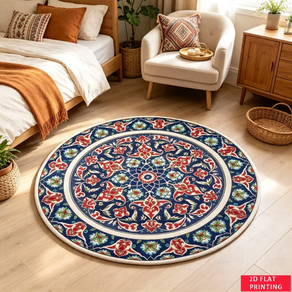 Boho Orange Green Floral Mandala Geometric Round Carpet For Bohemian Living Room Or Bedroom With Earthy Tones Printed Carpet