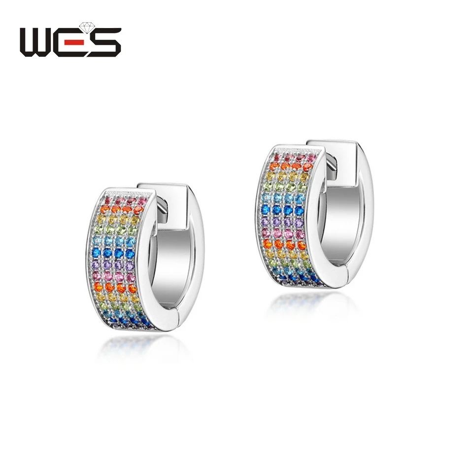 WES 925 Sterling Silver Earrings for Women Rainbow Colorful Zicron 1*1mm Elegant Party Wedding Trendy Birthday Gift Fine Jewelry