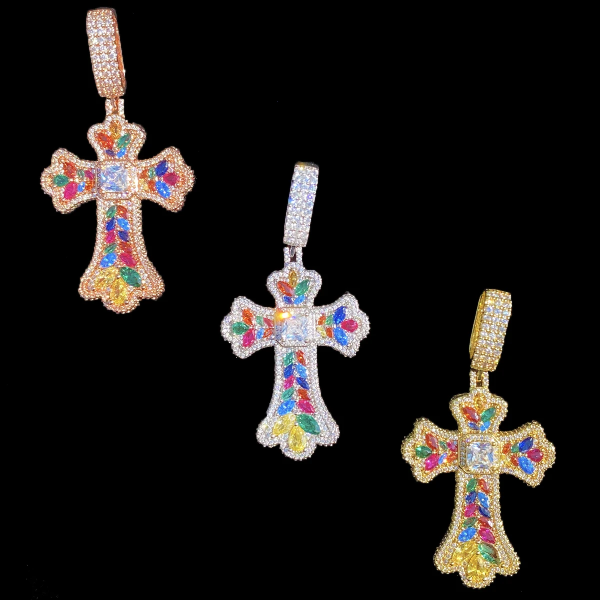 Aokaishen Iced Out Colorful Cubic Zirconia Cross Necklace Pendant for Men Real Gold Plated 5A Grade Hip Hop Jewelry
