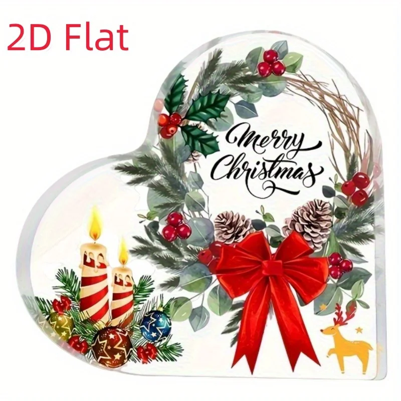 Heart‑Shaped Acrylic Christmas Tabletop Plaque, Wreath Bow Candle Merry Christmas Desktop Decor
