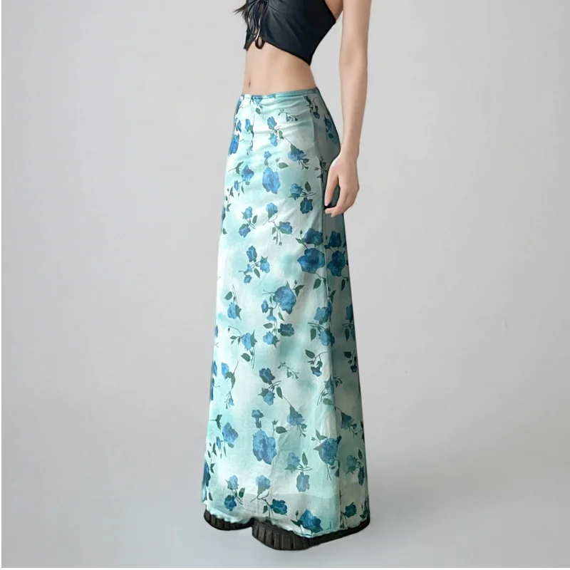 

Синяя юбка-русалка из сетки с эффектом «рыбий хвост» для женщин, винтажный стиль, универсальная, облегающая, длинная, повседневная, из полиэстера, со средней талией