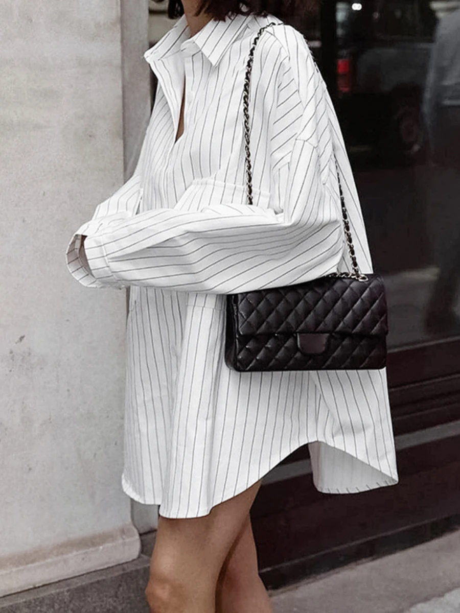 Short Skirt Striped Black White Contrasting Dresses Long Sleeve Blouse Commuting Dress Sexy Elegant Mini Thin Frock Women