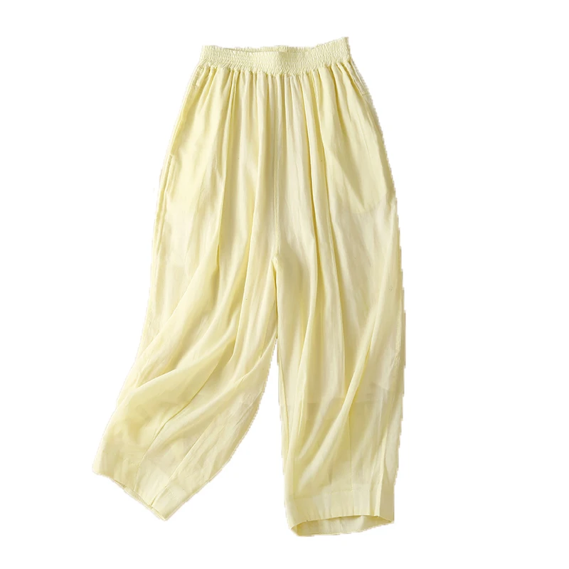 Luźne lniane spodnie haremki damskie plus size z elastyczną talią, dwuwarstwowe, w jednolitym kolorze, z mankietami, długość 7/8, idealne na lato.