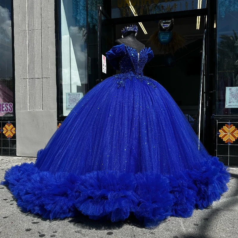 

Royal Blue Shiny Ball Gown Quinceanera Dresses 2024 Beads Crystal Tull Tiered Princess Mexico Sweet 16 Dress 15 Birthday Vestido