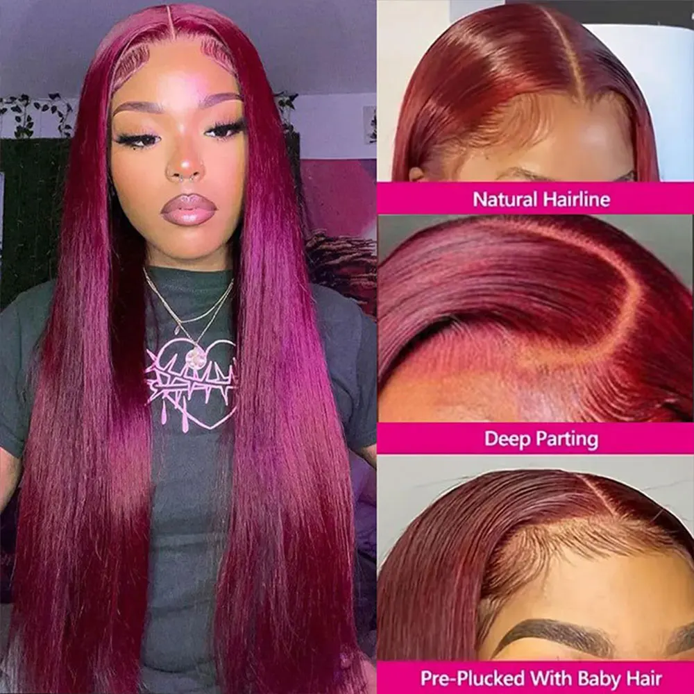 Peluca de cabello humano con encaje Frontal 99J Borgoña, pelucas frontales de encaje recto 13x4 de 34 pulgadas, peluca roja de color de encaje transparente HD para mujer