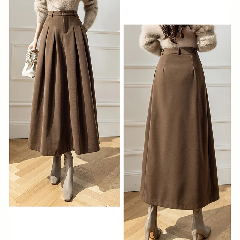 Vintage Winter Woolen Long Skirts For Women Streetwear High Waist Pleated Maxi Skirt Big Swing Folds A-Line Jupe Longues Femme