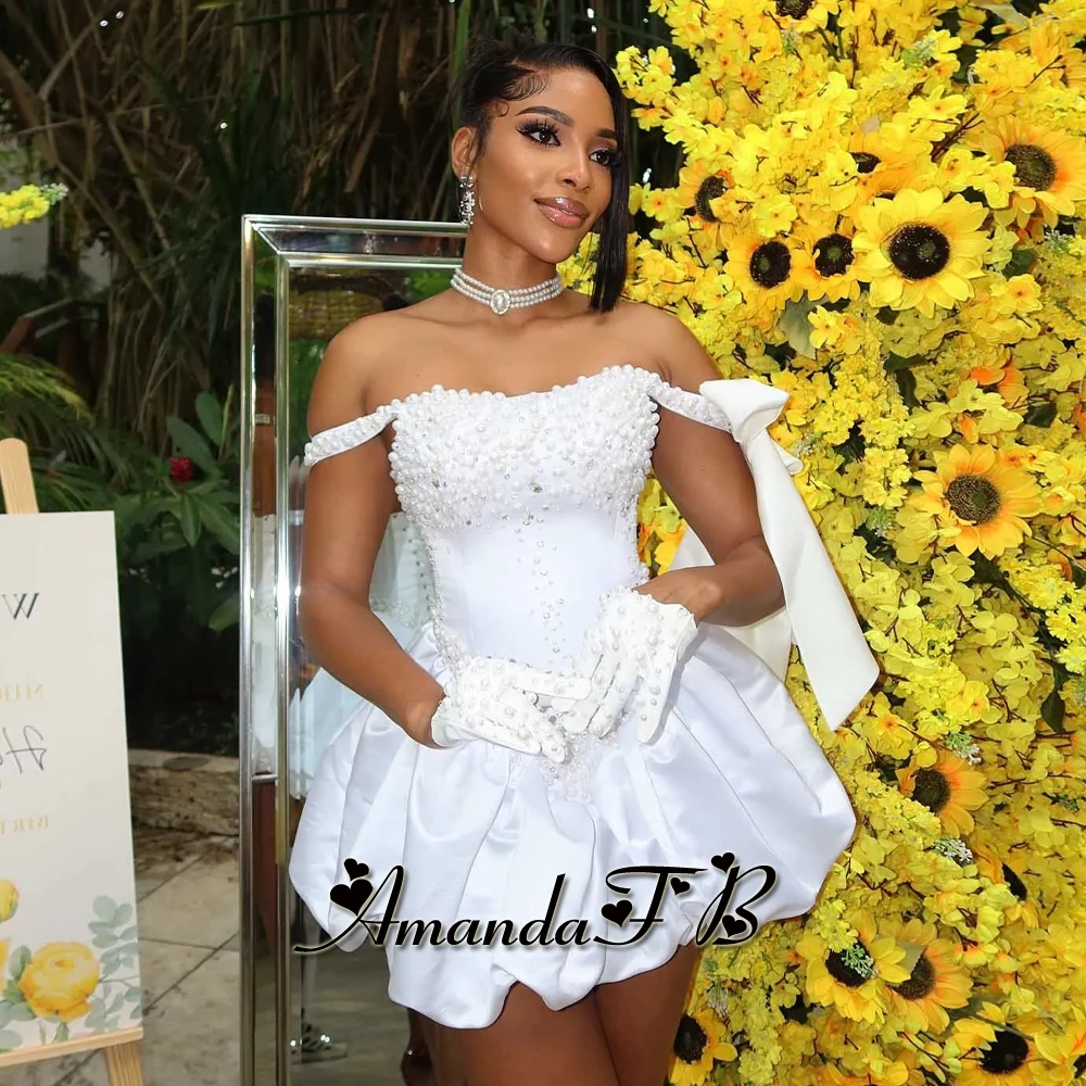 أماندا فستان كوكتيل عصري لؤلؤي قبالة الكتف Bowknot رقبة سكوب مناسبة خاصة ثوب Vestidos De Noche مخصص