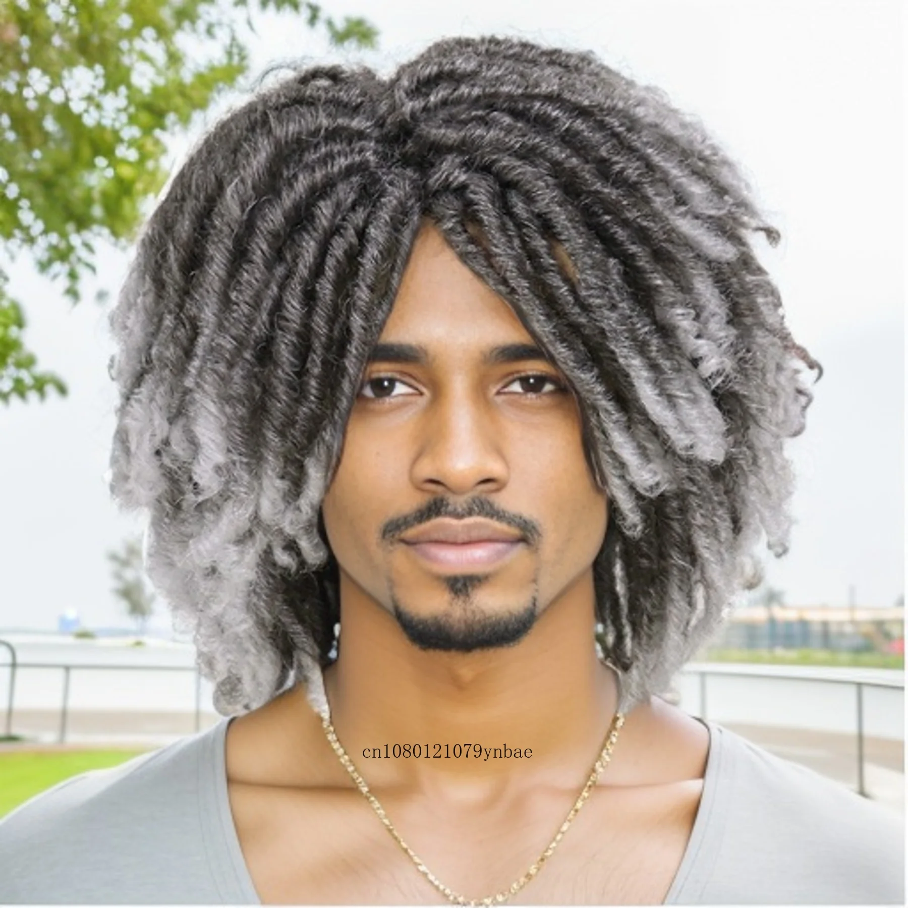 Parrucca grigia Ombre da uomo parrucca Cosplay sintetica per capelli corti con frangia acconciature DreadLock parrucche scoppiettanti Hip-Hop