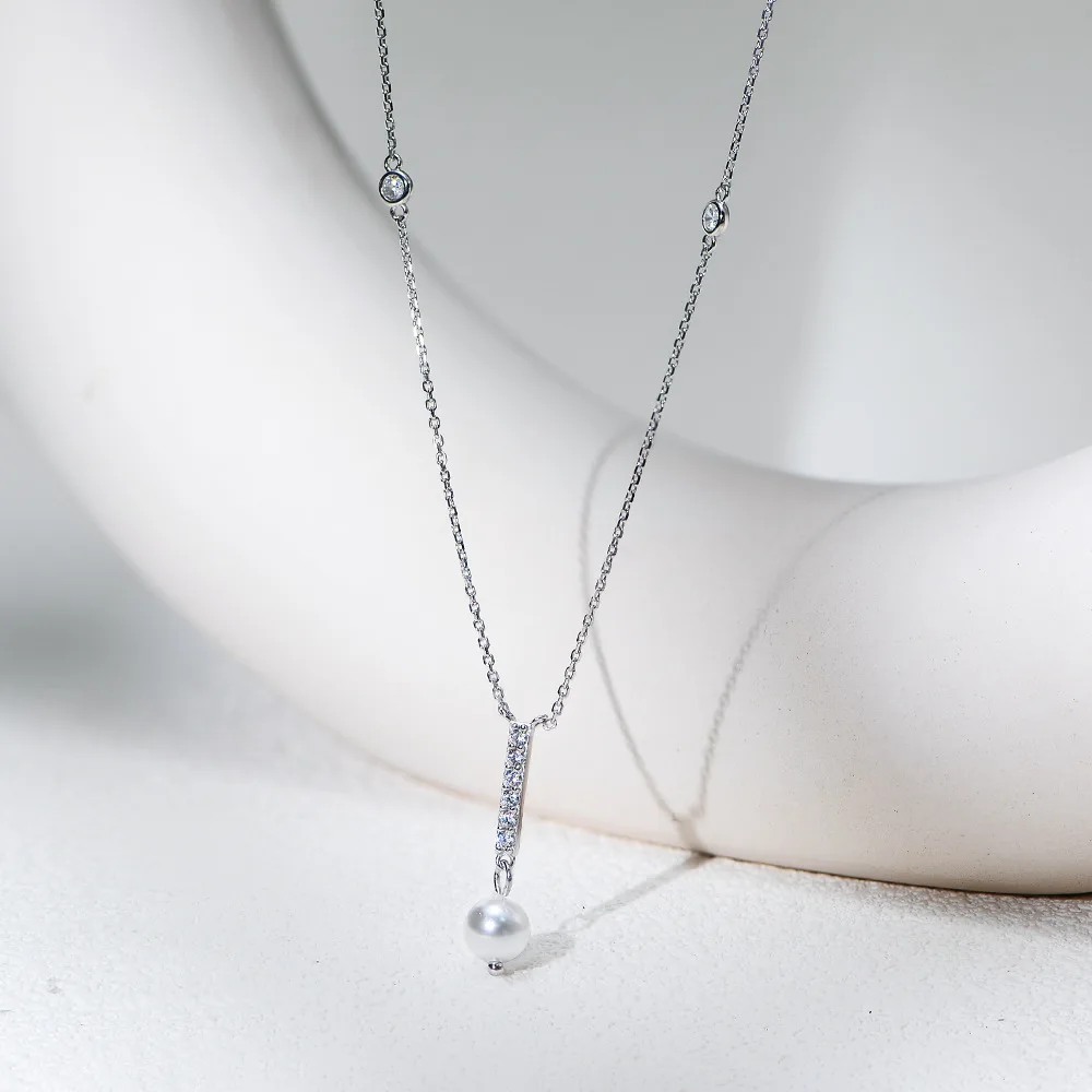 Withered S925 Pure Silver Zircon Geometric Pearl Pendant Necklace For Women's Collarbone Chain