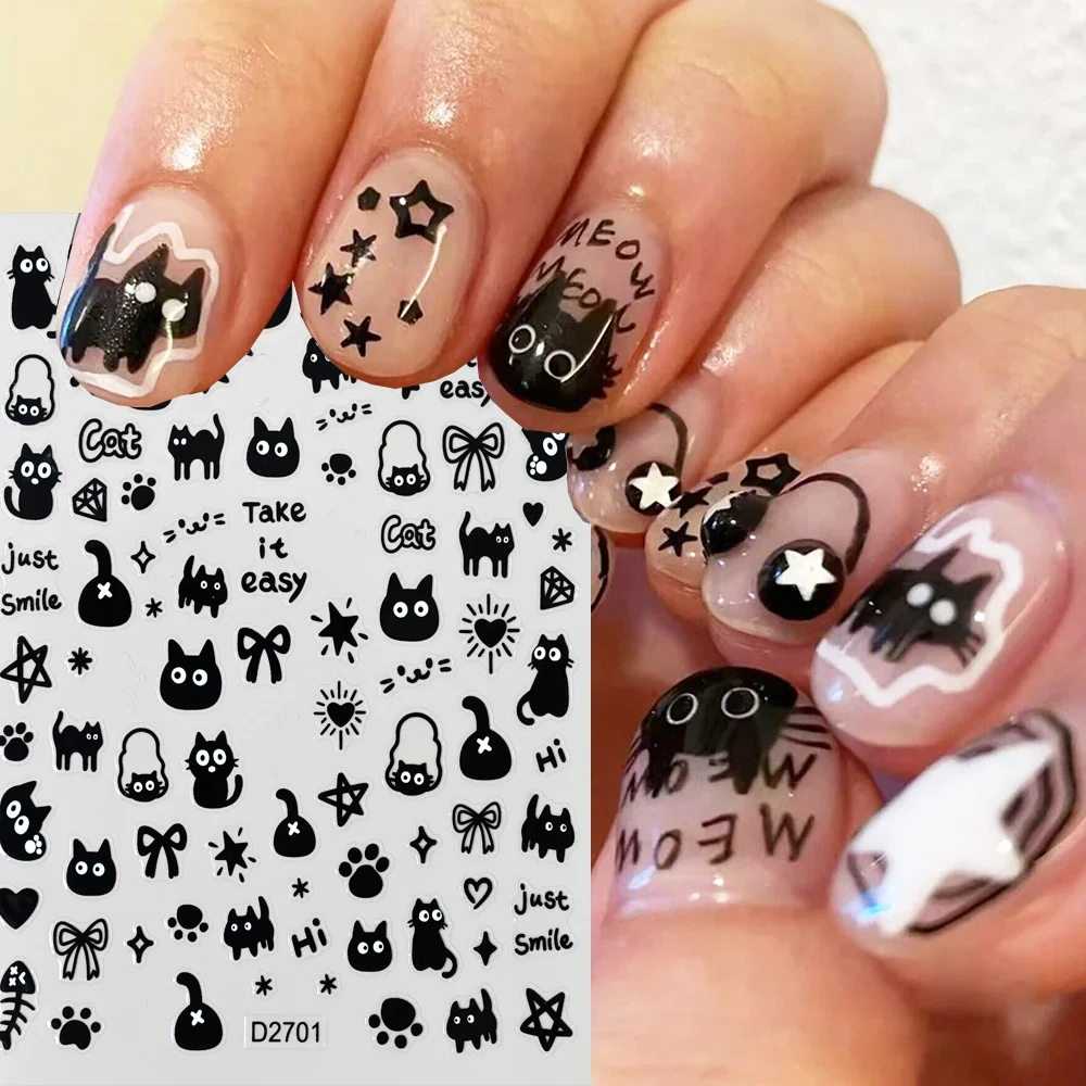 12pcs Lovely Black Cat Stickers For Nails Cartoon Childlike Graffiti Animals Kawaii Heart Star Bowknot Nail Decal Manicure Decor