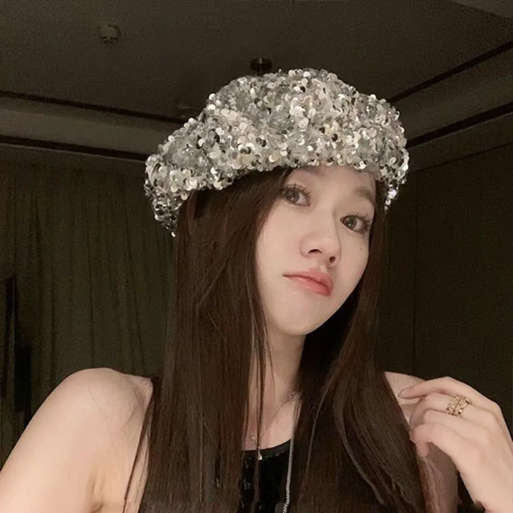 Fashion Retro Glitter Sequin Beret Sparkling Trendy Fashion Painter Hat Chic Design Casual Style Lady Octagonal Cap Daily