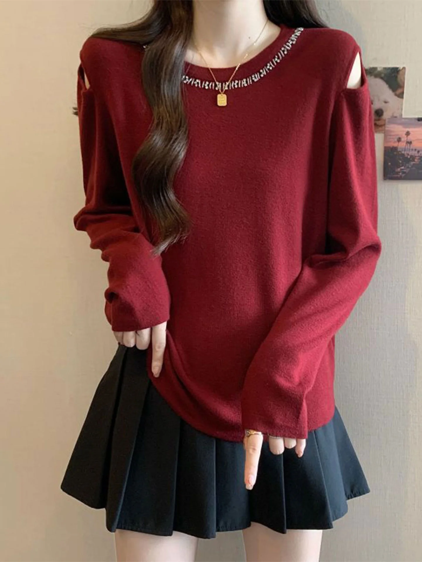 

Heavyweight Diamond Embellied Long Sve Knitted Base irt Women's T-irt Spring 2026 plus Size Slimming Hollow out ou...