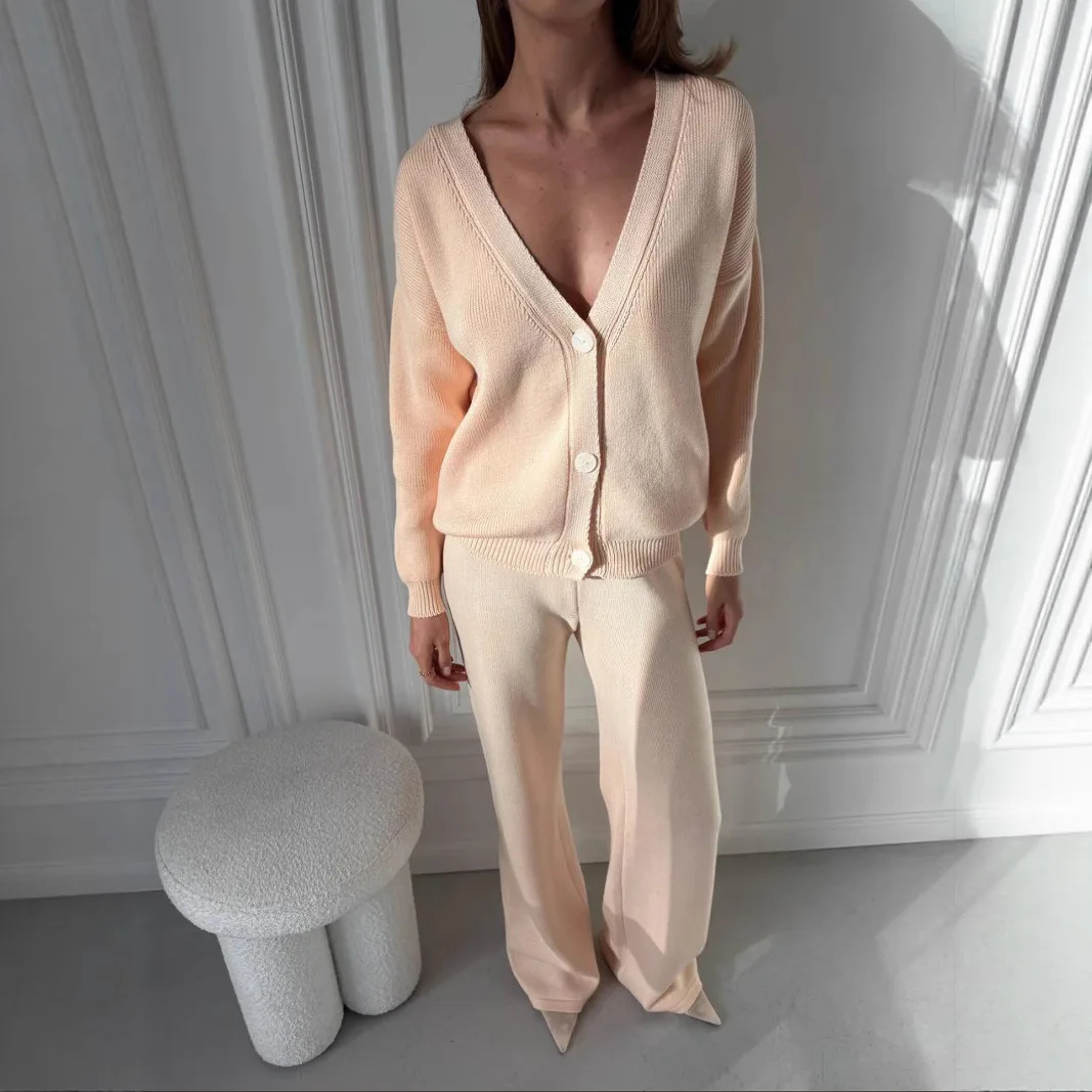 

Temperament V-neck Cardigan Knitted Two-piece Women's Autumn and Winter Style with Solid Color and Long-sleeved Top Set Outside