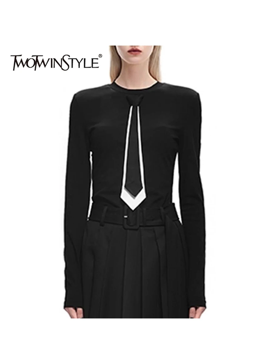 

TWOTWINSTYLE Colorblock Slimming Spliced Necktie Fashion T Shirts for Women Round Neck Long Sleeves Temperament T Shirt Female
