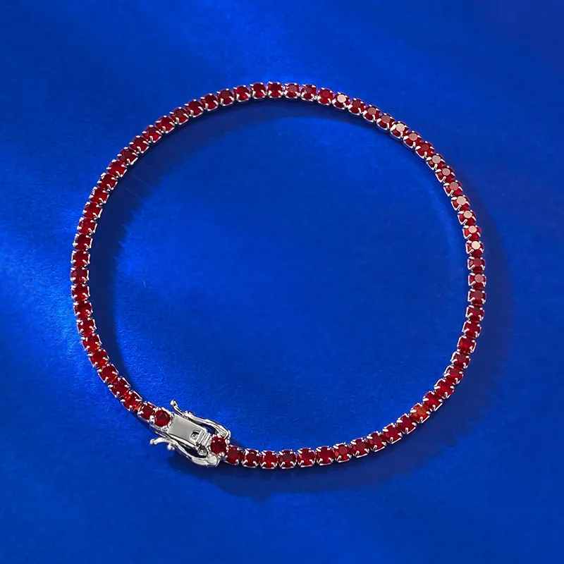 New S925 Silver Bracelet Women's European and American Pigeon Blood Red Tennis Chain Single Row Zircon Full Diamond Bracelet