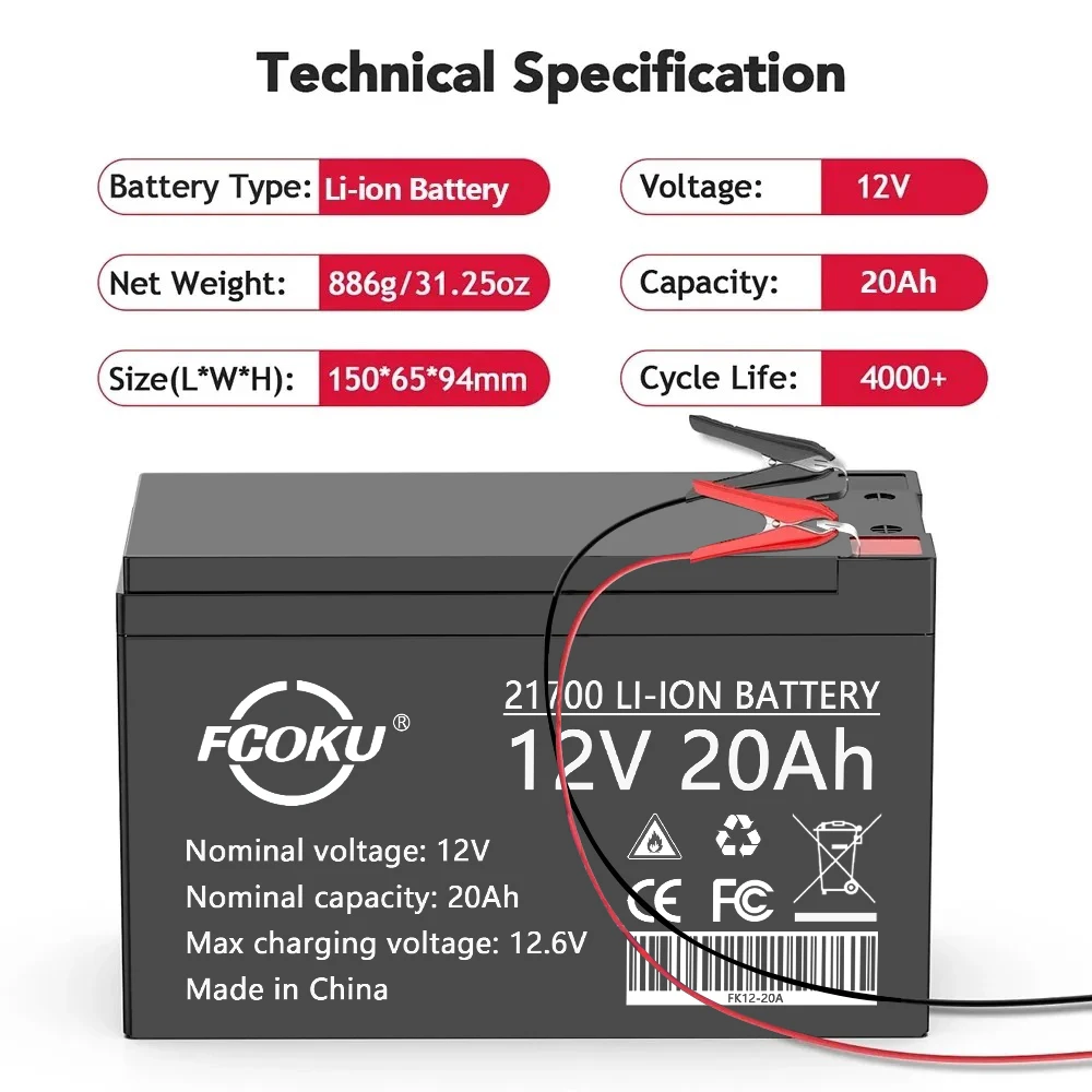 

Upgrated 21700 12V 20Ah Lithium Battery Pack Built-In High Current BMS Sprayers Electric Vehicle Li-ion Battery