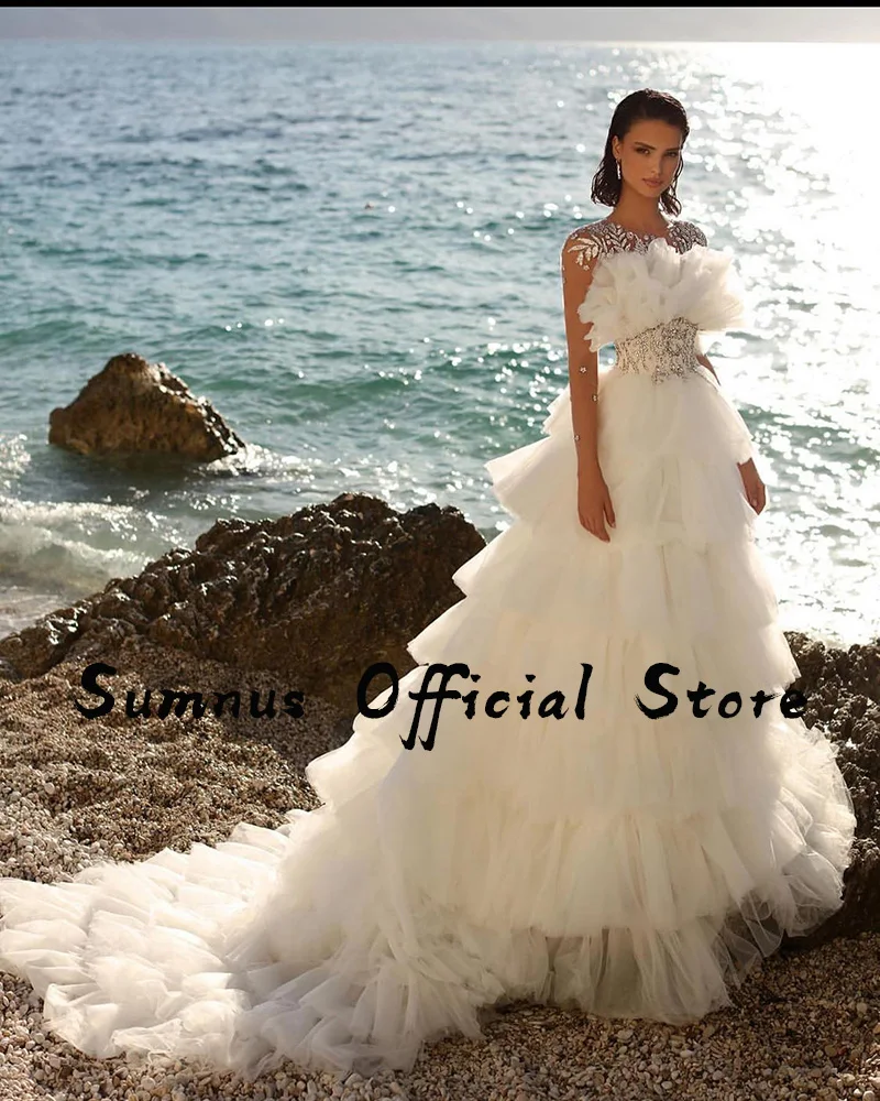 Sumnus luxo praia vestido de casamento 2022 em camadas tule cristal beading perna alta divisão vestido de noiva longo lindo vestidos de noiva