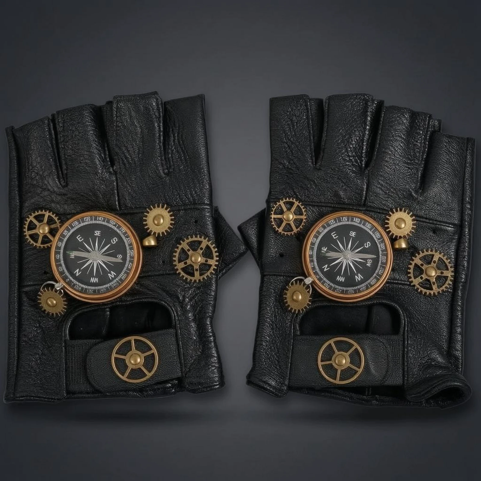 

Steampunk Fingerless Gloves Compass Dial Black Leather Fingerless Gloves Fashion Accessory Rugged