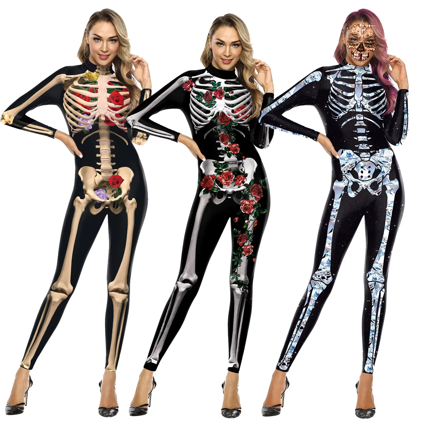 Women Halloween Party Costume Turtleneck Skull Print Long Sleeve Jumpsuit Outfit Scary Skeleton Bodysuit Adults Cosplay Jumpsuit