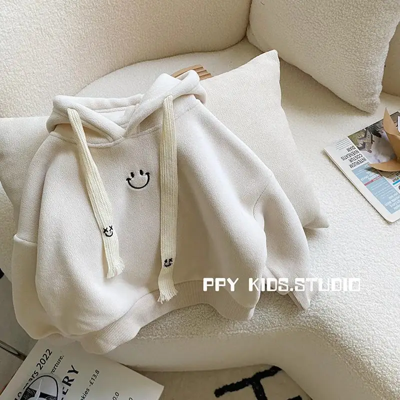 Boys thick hoodie coat plus fleece 2024 autumn/winter hot children's Korean version of solid color top baby outerwear