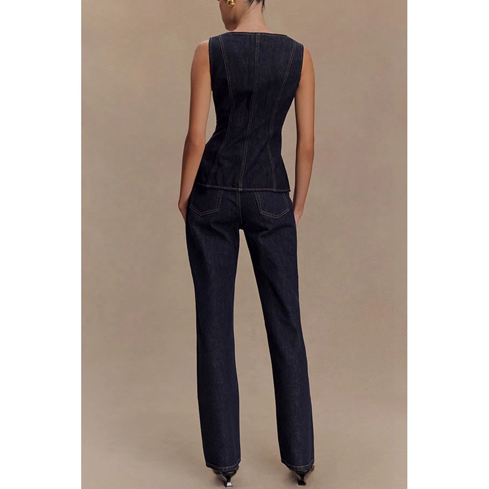 Women Fashion Sleeveless Denim 2 Pieces Set Femme Casual Elegant Pants Suits Summer Wide Strap Vest Top & Pants Sets