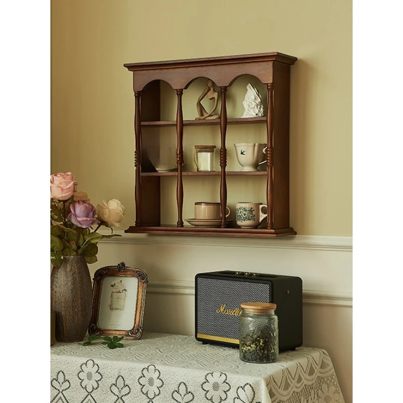 Retro solid wood cup holder, French wall coffee cup storage display storage cabinet