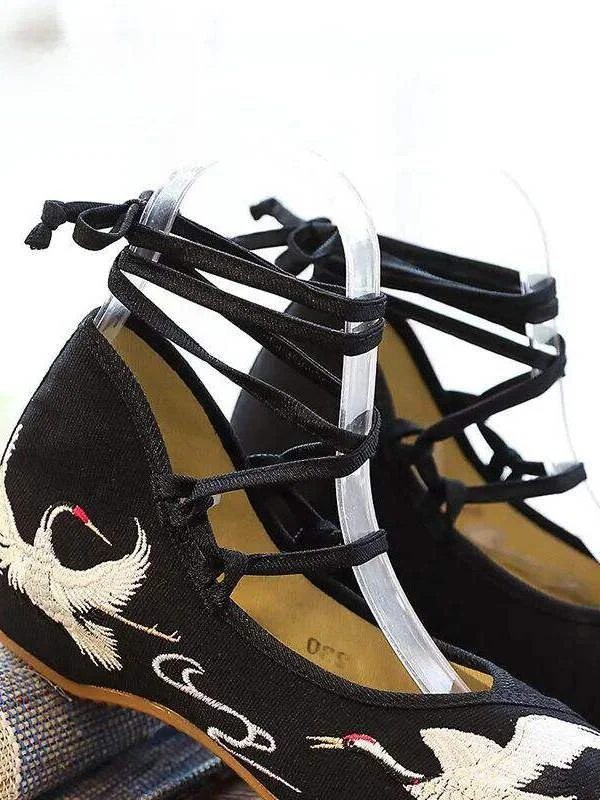 veowalk-crane-embroidered-women's-ballet-flats-lace-strap-casual-shoes-fashionable-winter-warm-flat-heel-mixed-material
