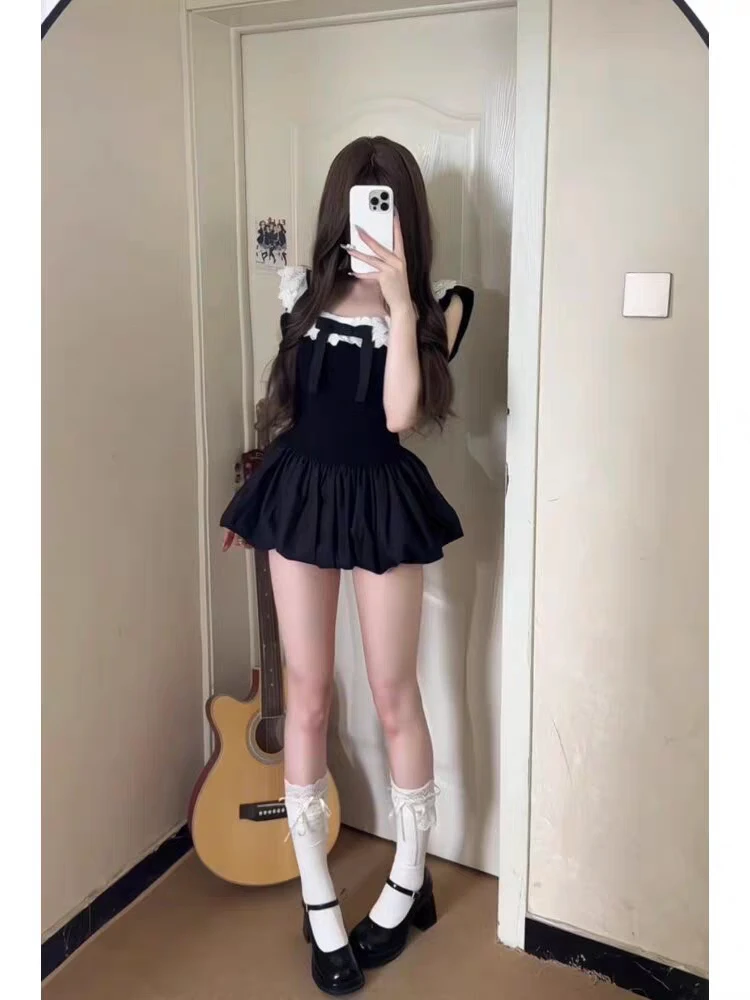 Coquette Korean Sexy Off Shoulder Lace Trim Bow Slim Fit 2 Piece Set Women Black Mini Bubble Dress Shorts Daily Wear Clubwear view 6