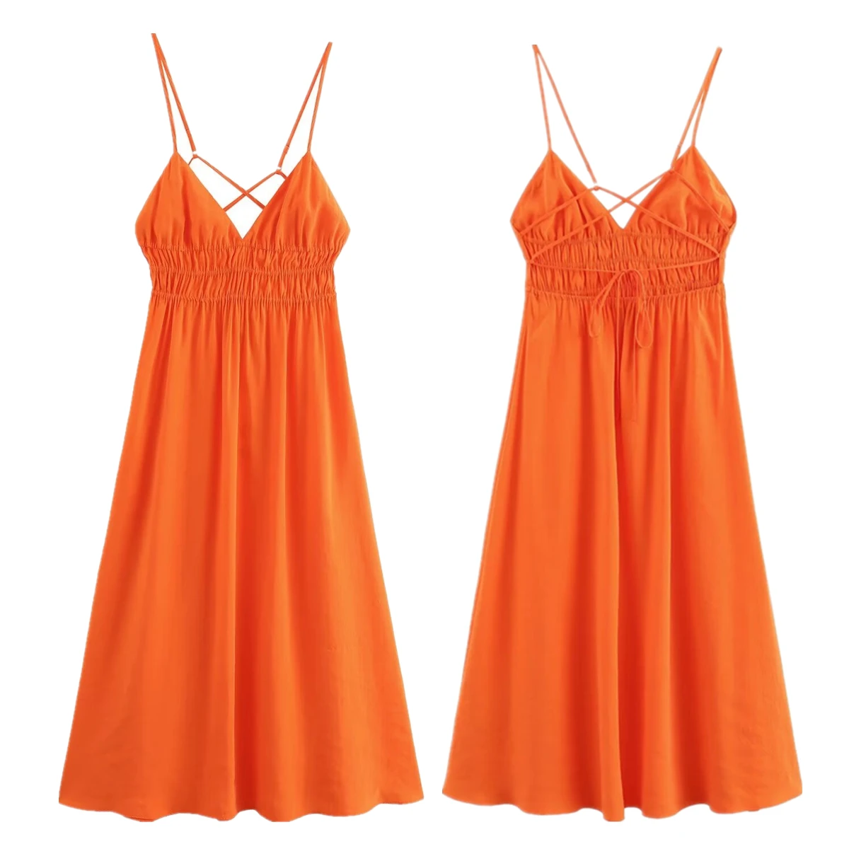 

Dave&Di Minimalist Cotton Pleated Suspender Dress Women Tops Backless Orange Color Sexy Beach Holiday Midi Dress Women