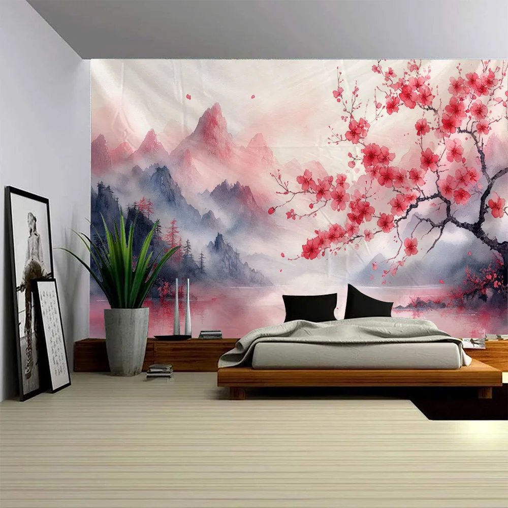 

Landscape painting cherry blossom tapestry dreamy oil painting printed wall hanging suitable for decorative art in living rooms